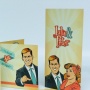 Trouwkaarten in fifties tekenstijl, verkrijgbaar met bijpassende enveloppen, menukaarten en RSVP-kaartjes. 
http://www.kaartencollectie.be/nl/trouwkaart-fifties-695.htm